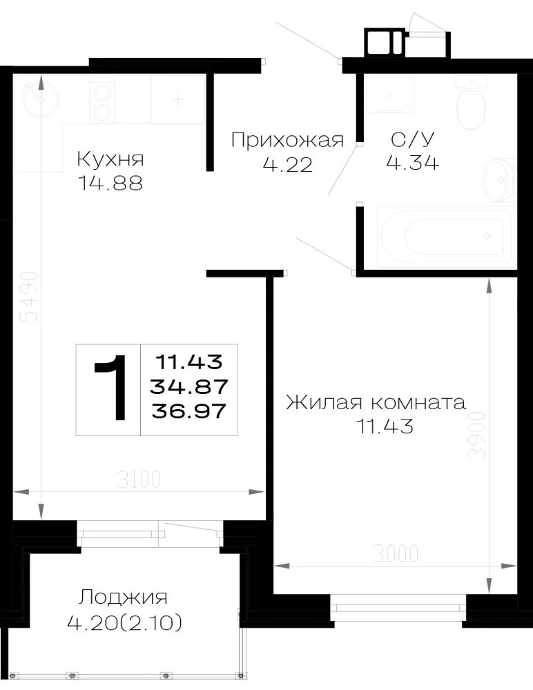 1-комн. 37 м²