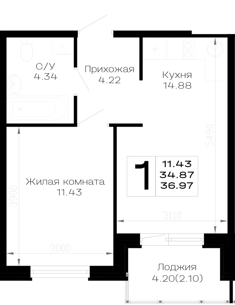 1-комн. 37 м²