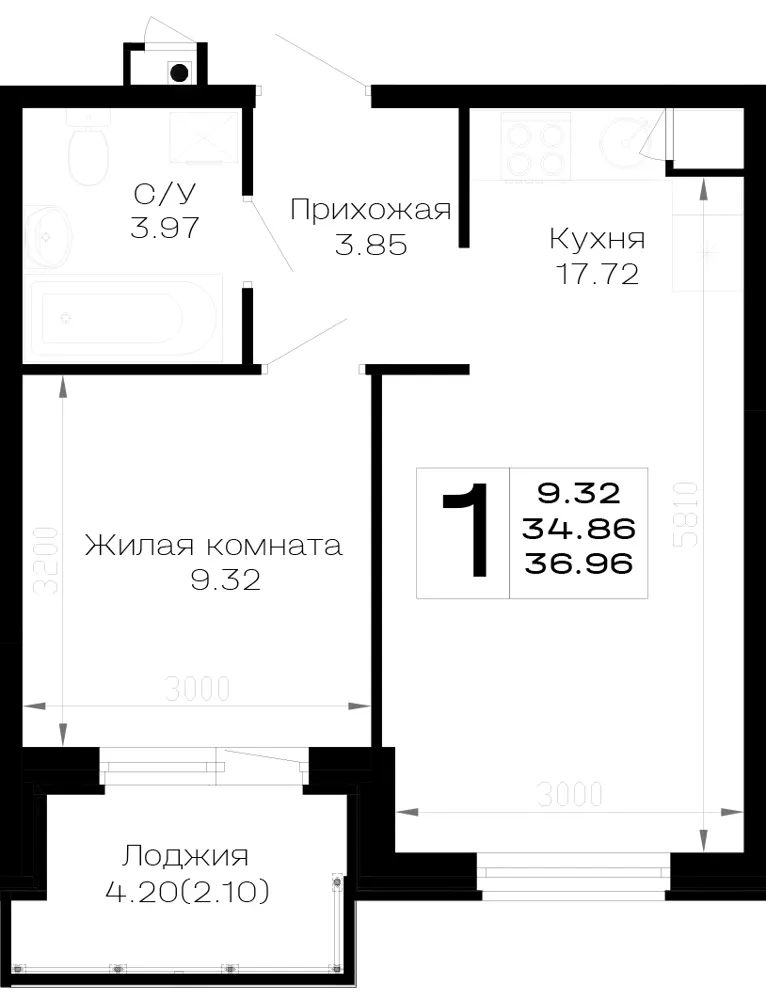 1-комн. 37 м²
