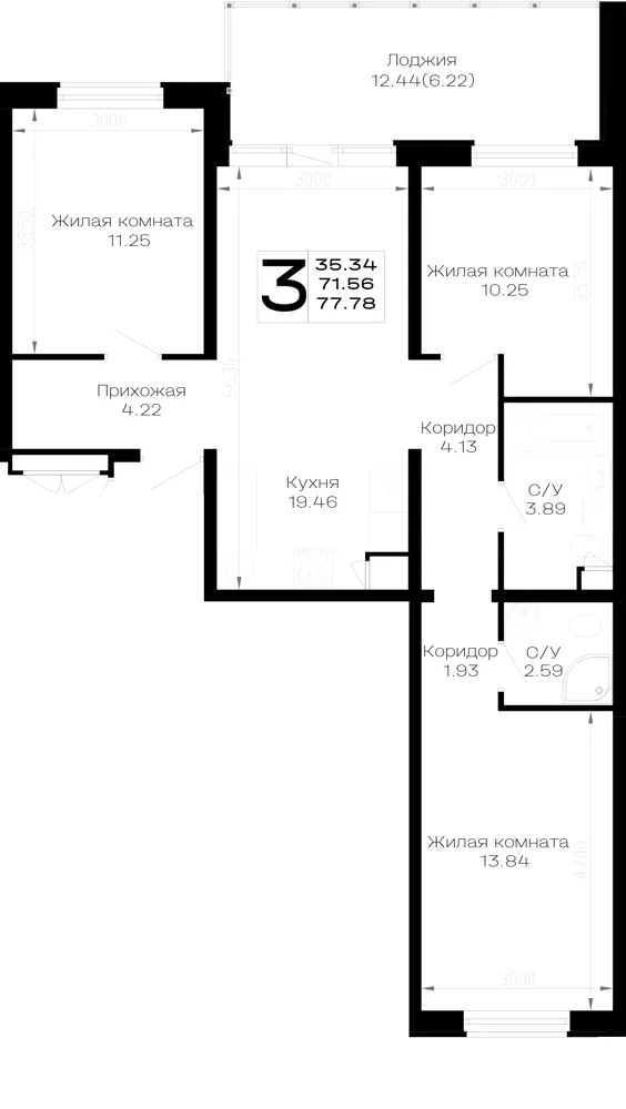 3-комн. 77.8 м²