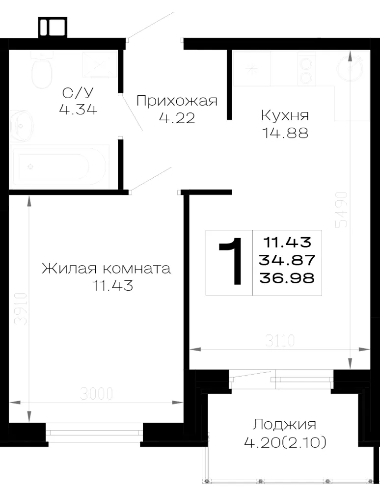 1-комн. 37 м²