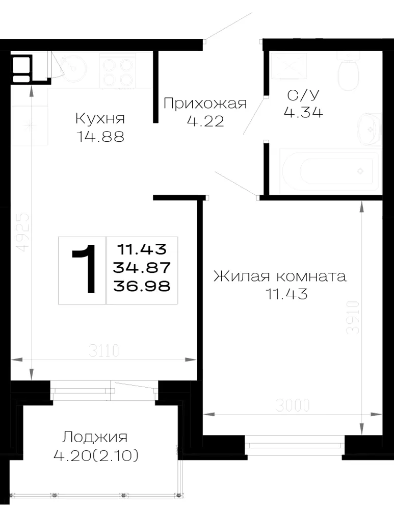 1-комн. 37 м²