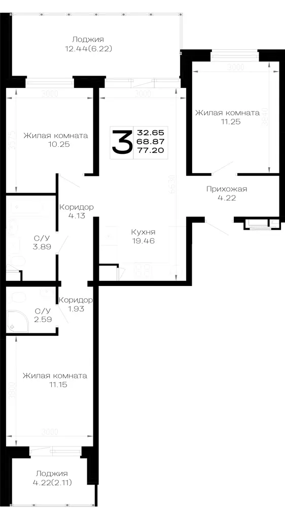 3-комн. 77.2 м²