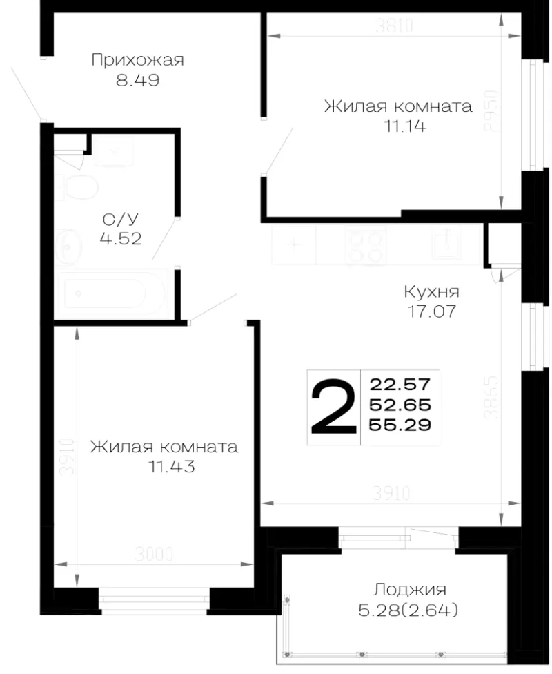 2-комн. 55.3 м²