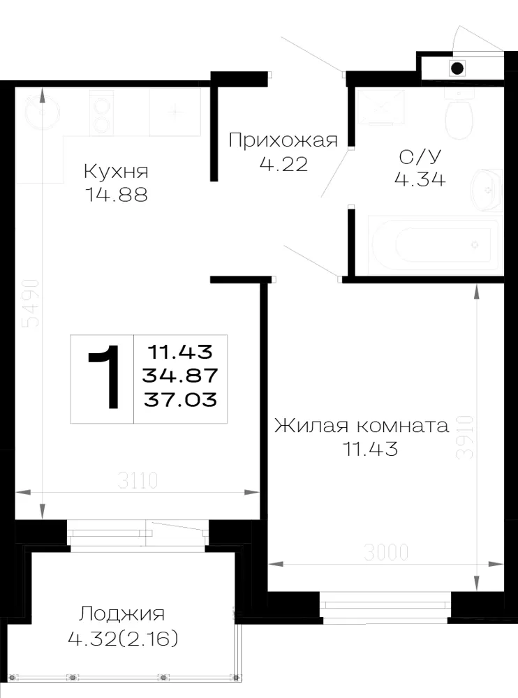 1-комн. 37 м²