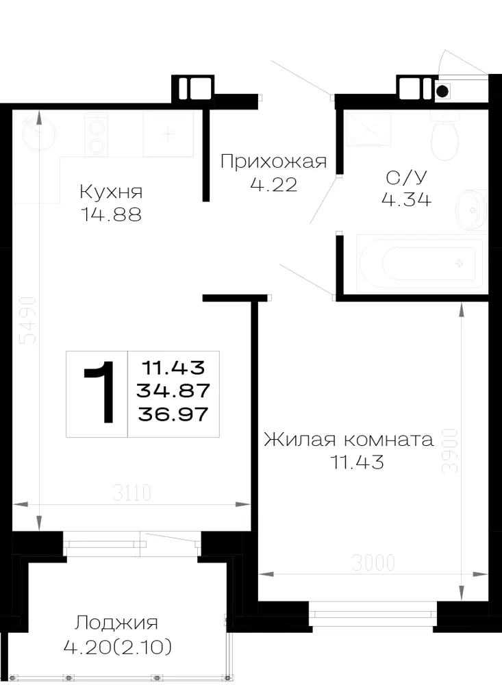 1-комн. 37 м²