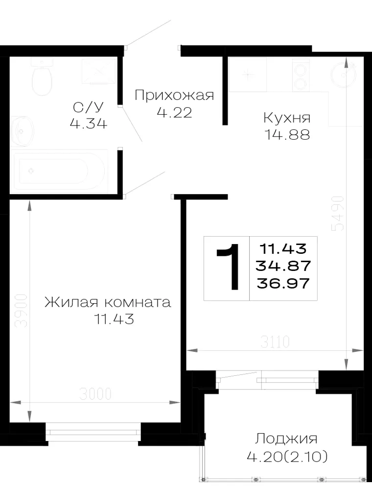1-комн. 37 м²