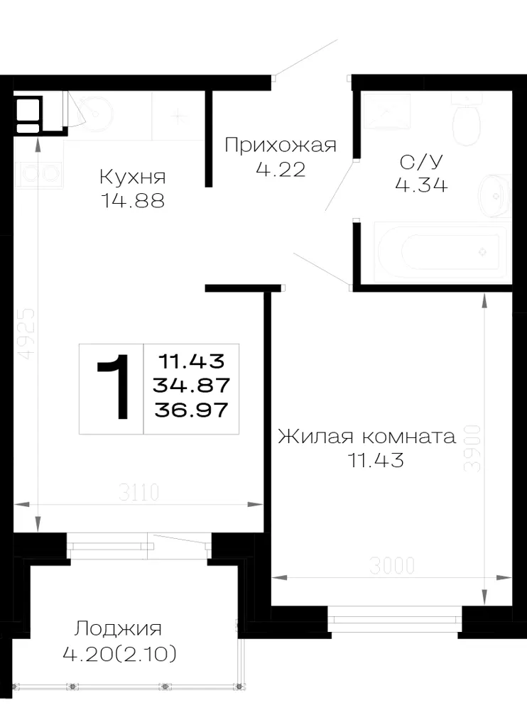 1-комн. 37 м²