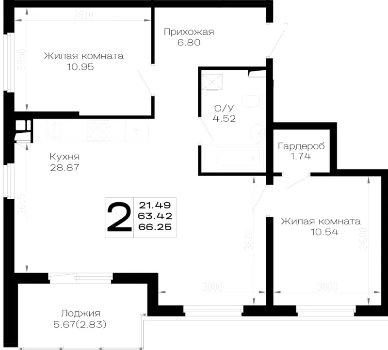 2-комн. 66.3 м²