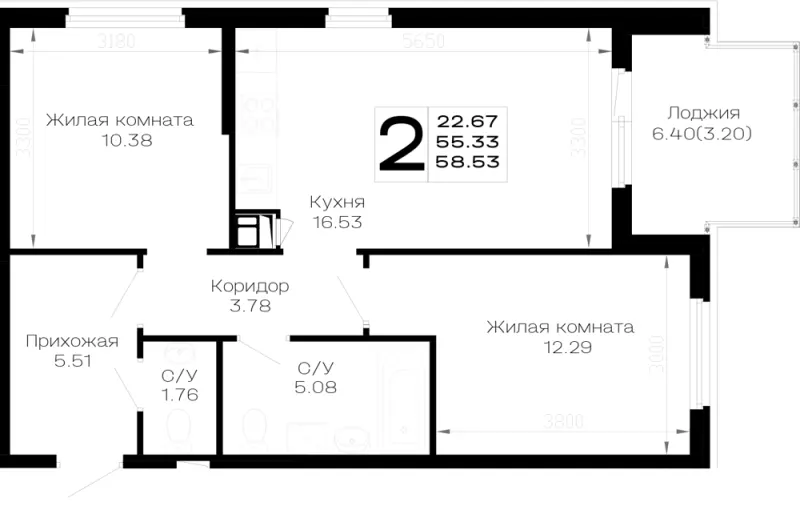 2-комн. 58.5 м²