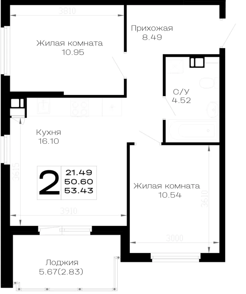 2-комн. 53.4 м²