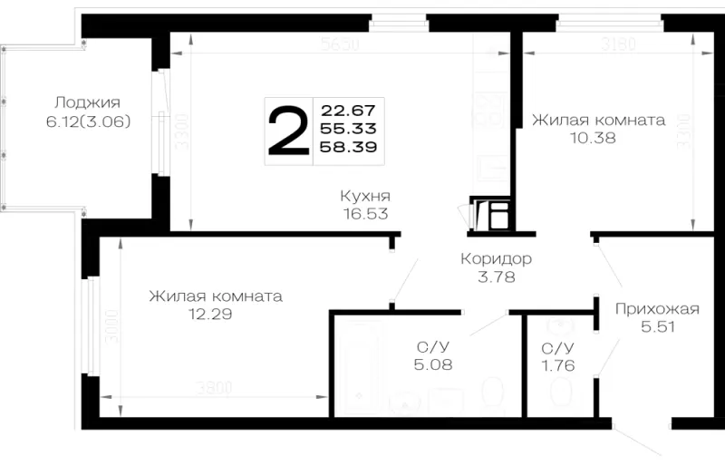 2-комн. 58.4 м²