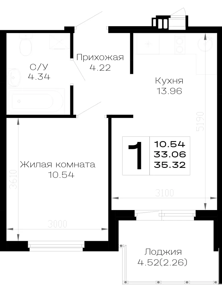 1-комн. 35.3 м²