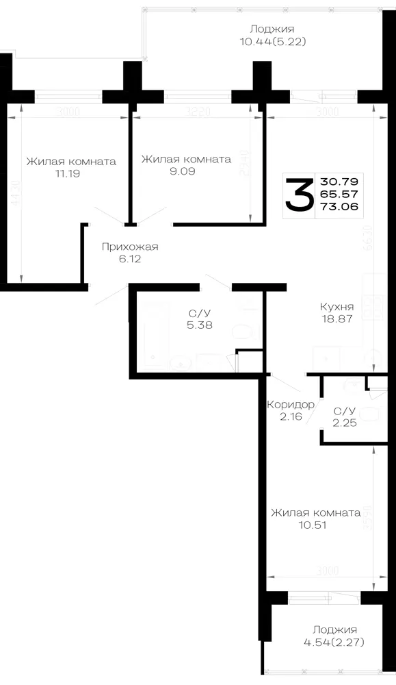 3-комн. 73.1 м²