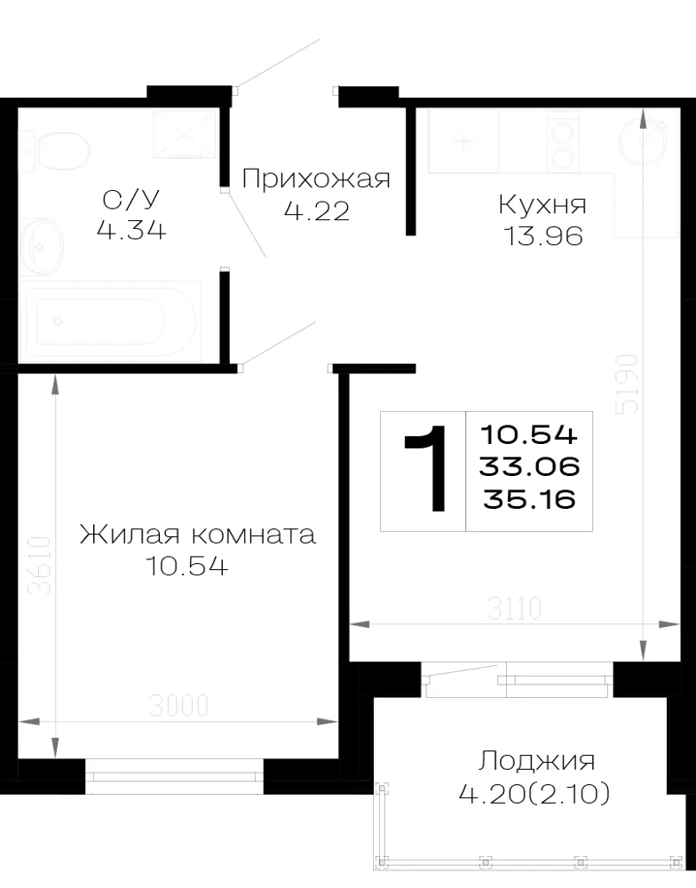 1-комн. 35.2 м²