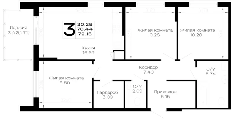 3-комн. 72.2 м²