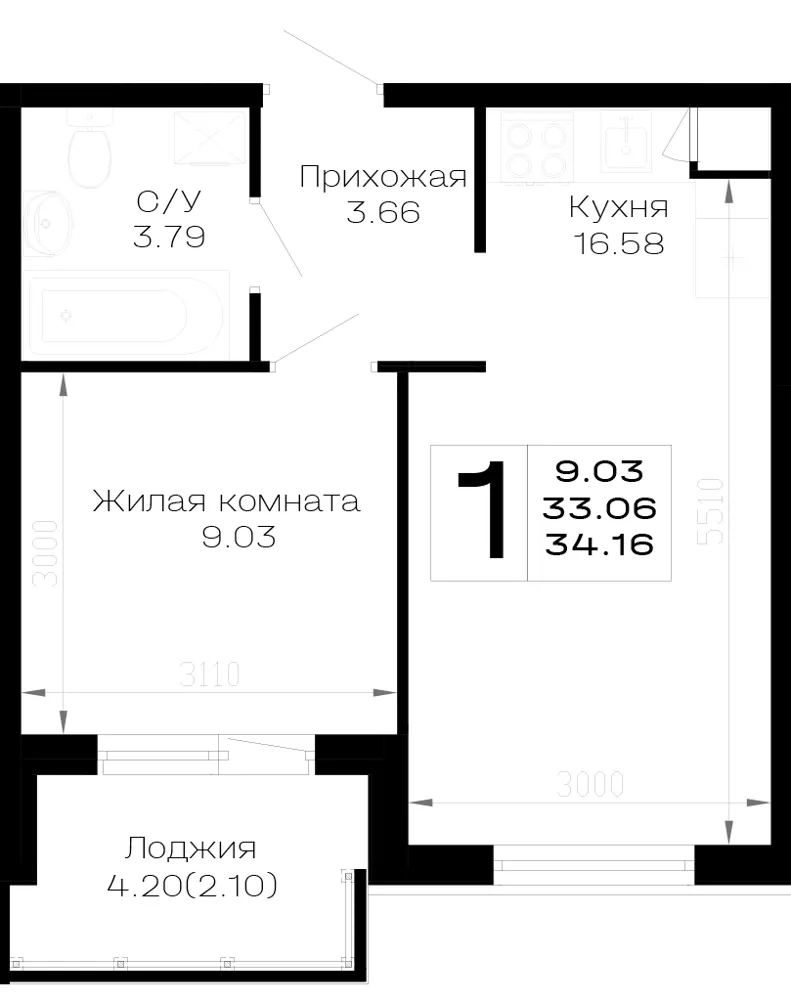 1-комн. 35.2 м²