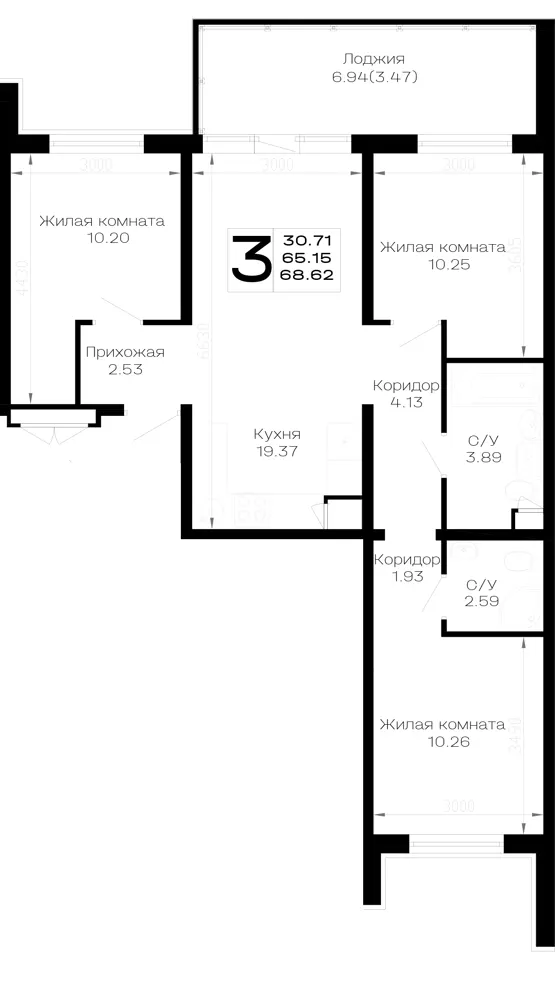 3-комн. 68.6 м²