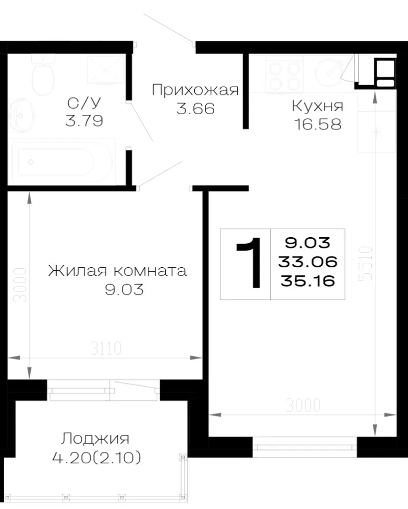 1-комн. 35.2 м²
