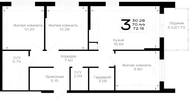 3-комн. 72.2 м²