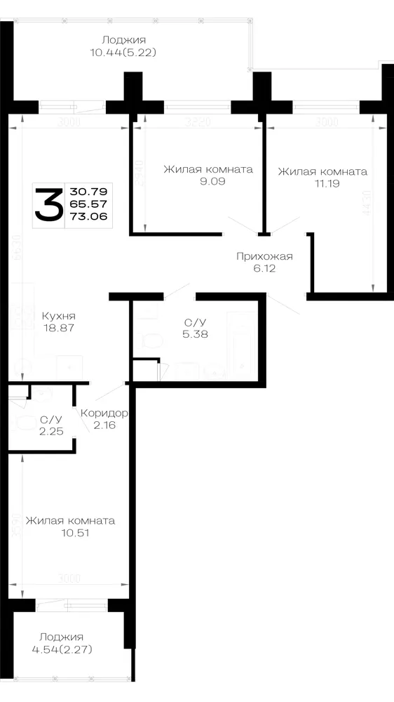 3-комн. 73.1 м²