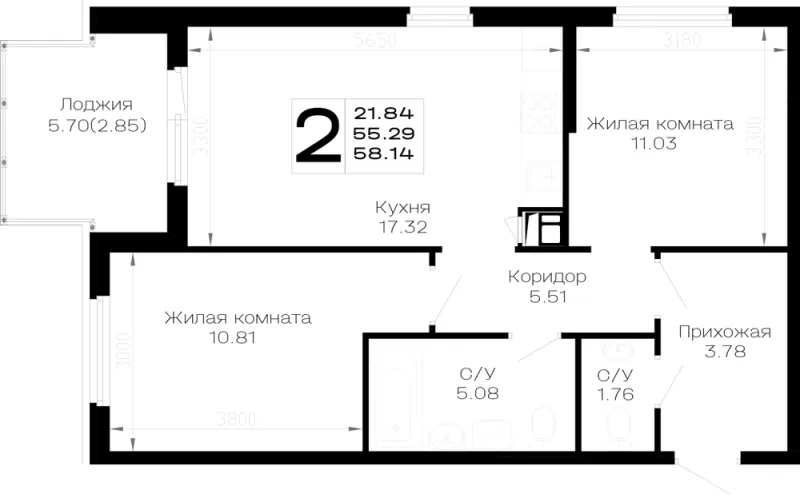 2-комн. 58.1 м²