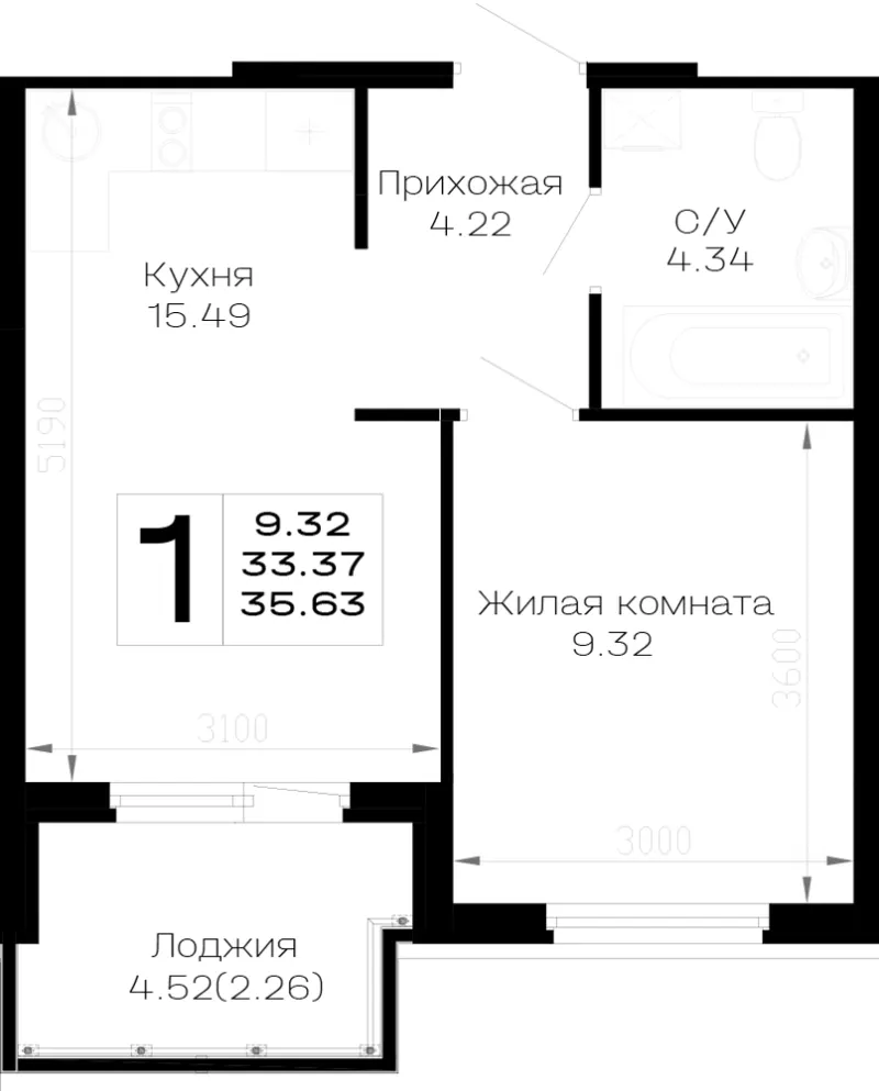 1-комн. 35.6 м²