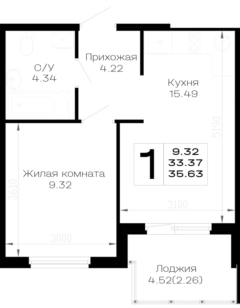 1-комн. 35.6 м²