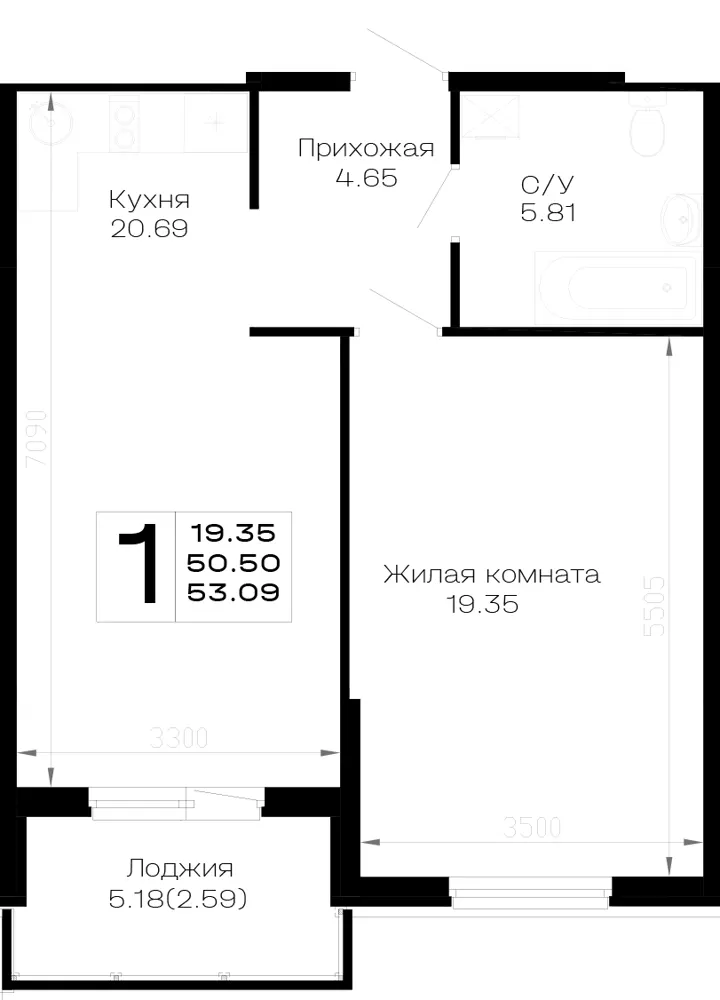 1-комн. 53.1 м²