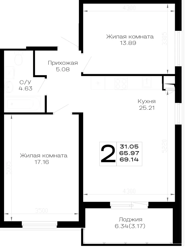 2-комн. 69.1 м²