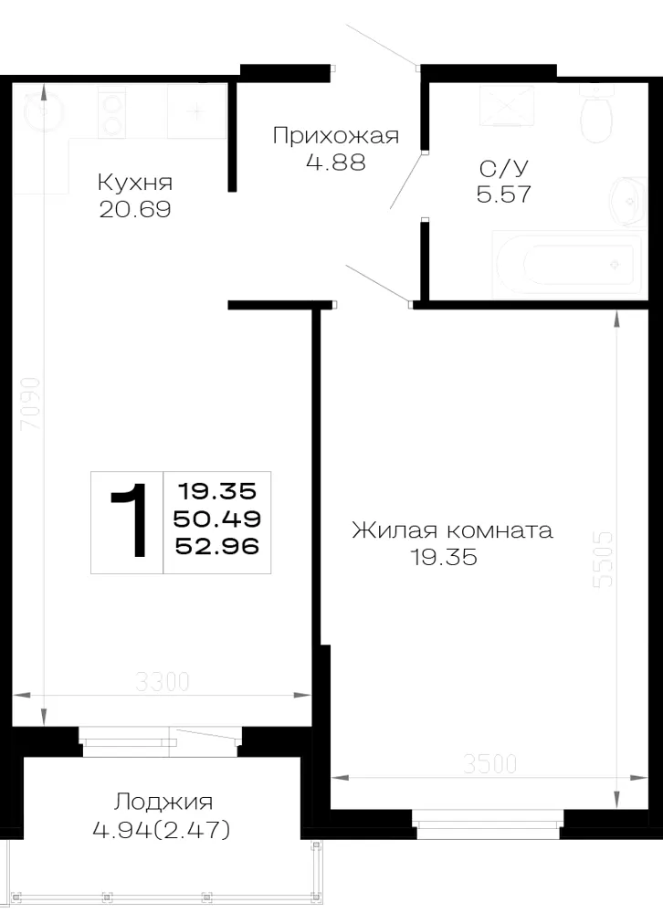 1-комн. 53 м²
