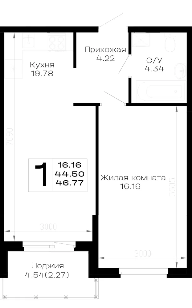 1-комн. 46.8 м²