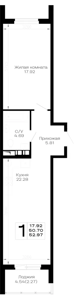 1-комн. 53 м²
