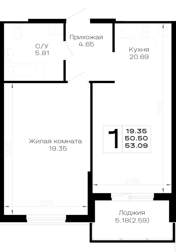 1-комн. 53.1 м²