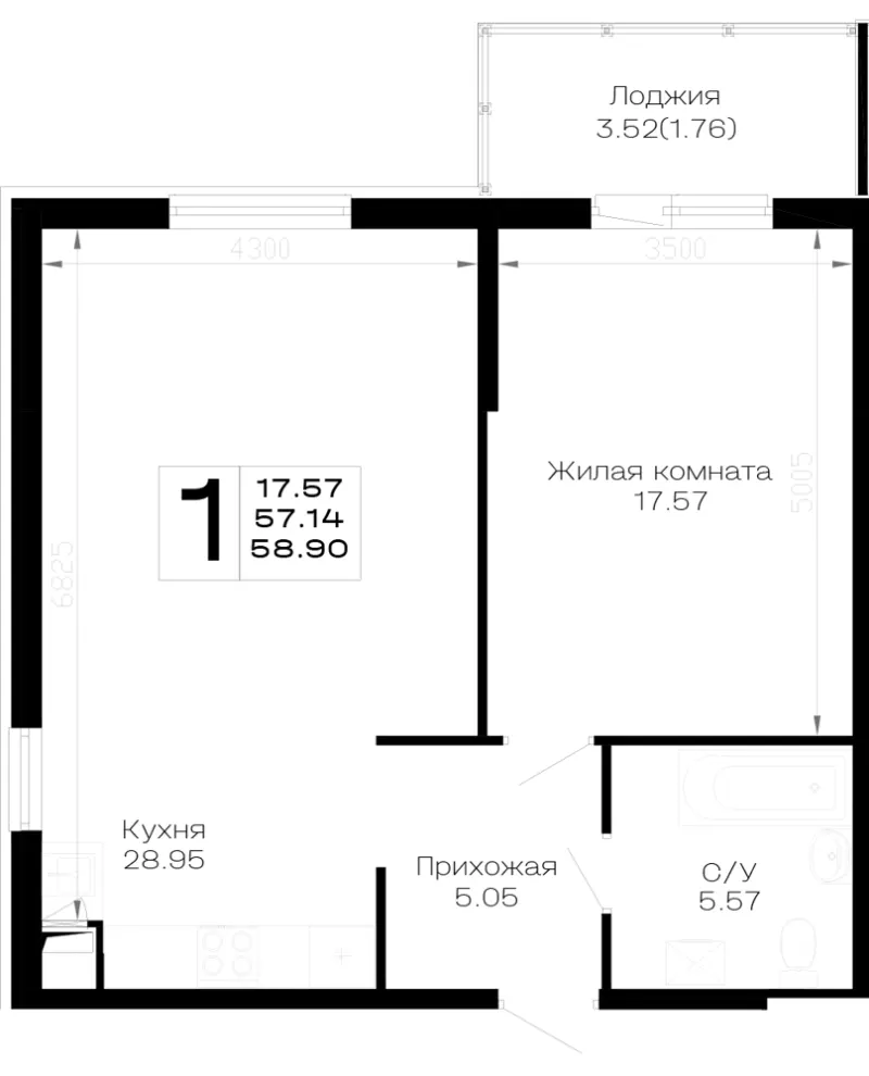 1-комн. 58.9 м²