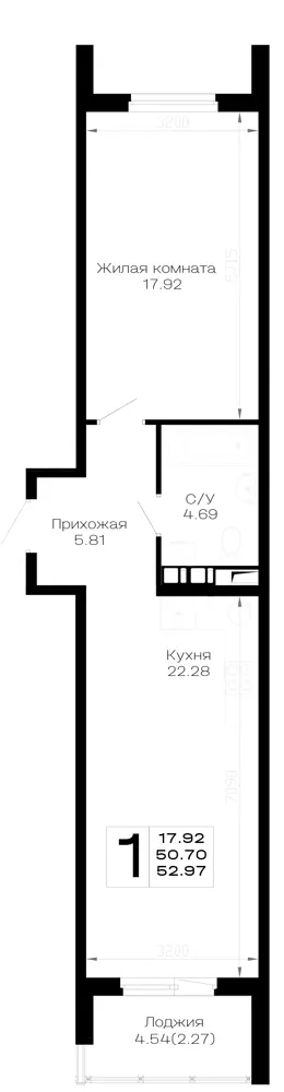 1-комн. 53 м²