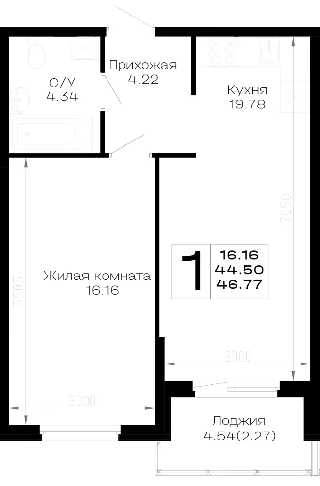 1-комн. 46.8 м²