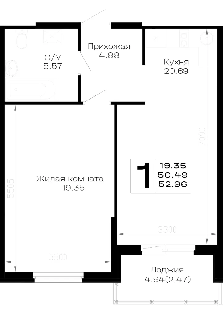 1-комн. 53 м²