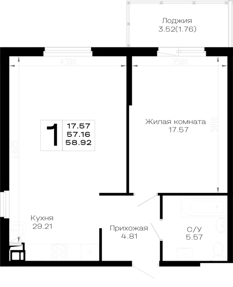 1-комн. 58.9 м²