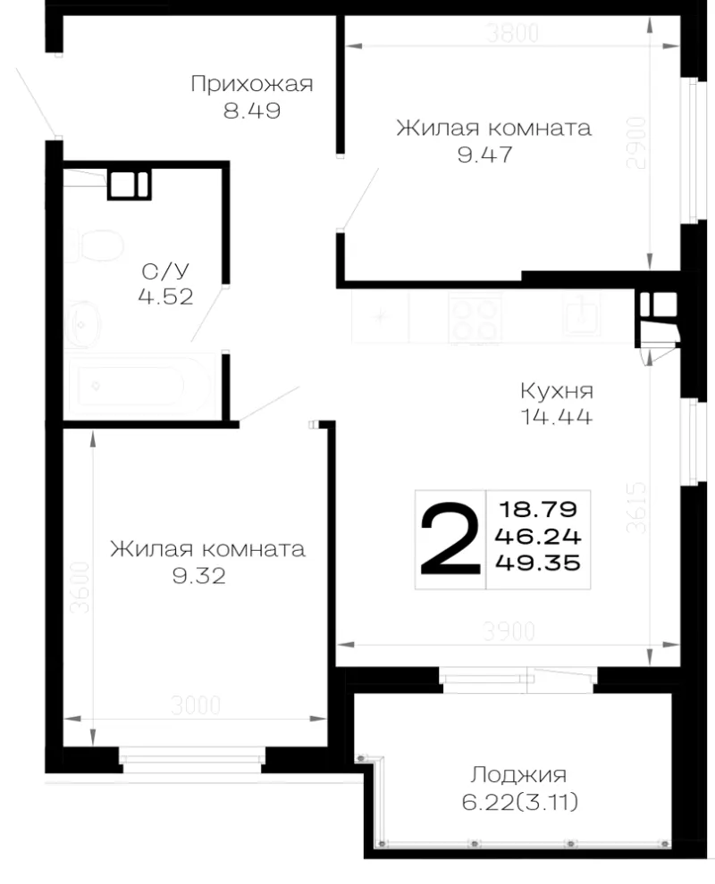 2-комн. 49.4 м²