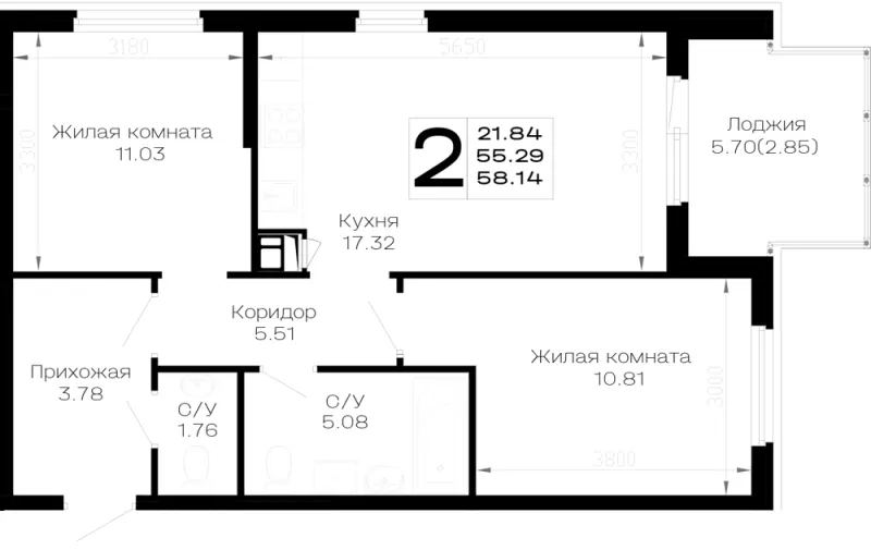 2-комн. 58.1 м²