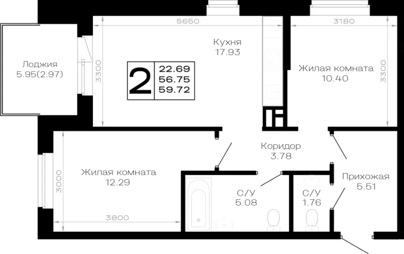 2-комн. 59.7 м²