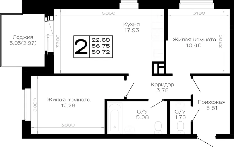 2-комн. 59.7 м²