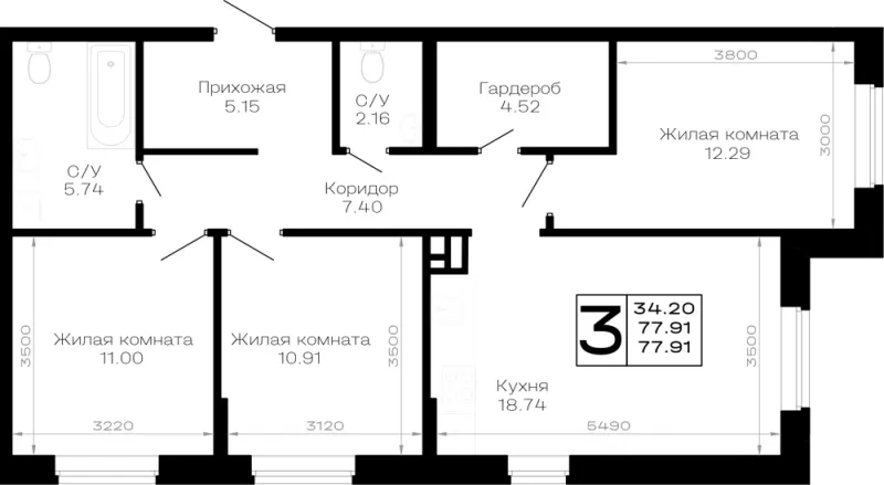 3-комн. 77.9 м²