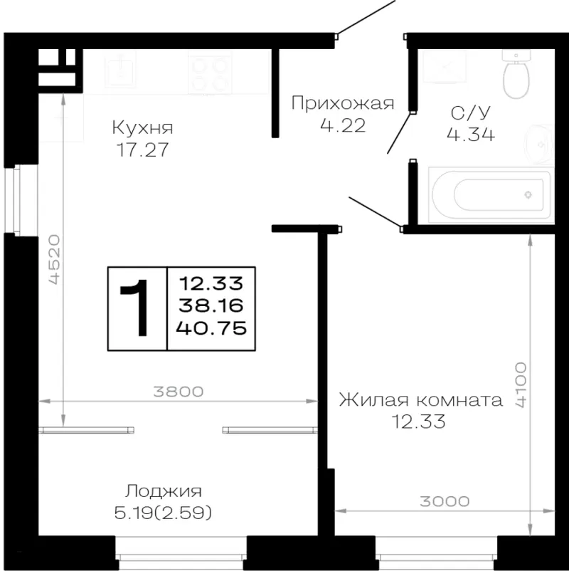 1-комн. 40.8 м²