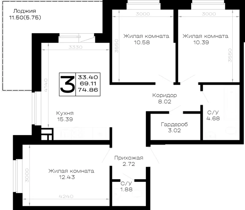 3-комн. 74.9 м²