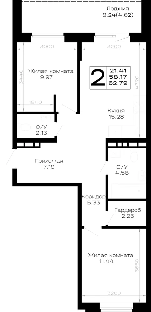 2-комн. 62.8 м²