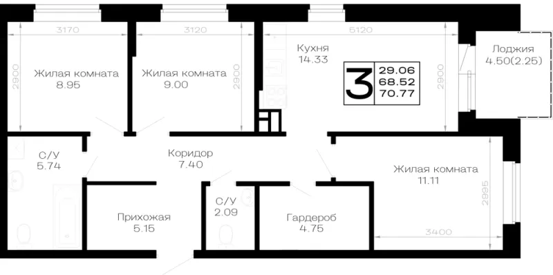 3-комн. 70.8 м²
