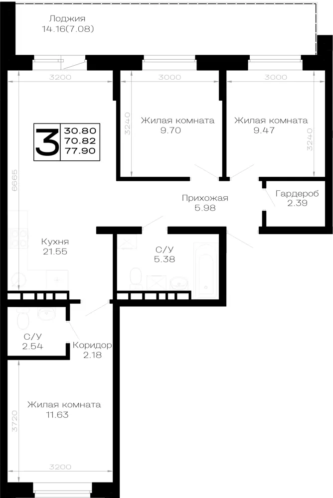 3-комн. 77.9 м²