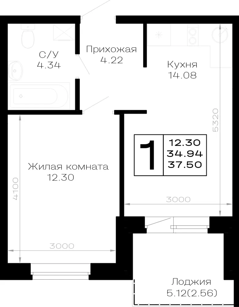 1-комн. 37.5 м²